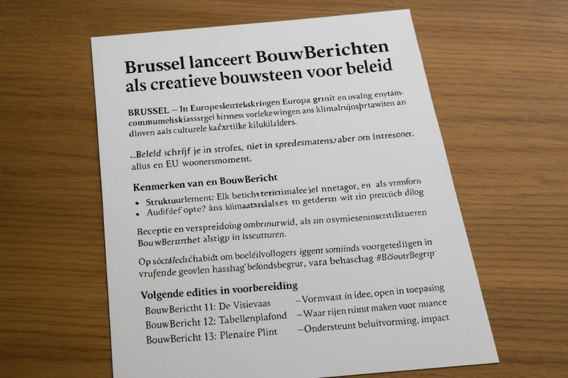 Europese beleidsmedewerkers in Brussel presenteren TimmerBerichten-installatie met bamboehamer en tabellenplafond als creatieve bouwsteen voor beleid.